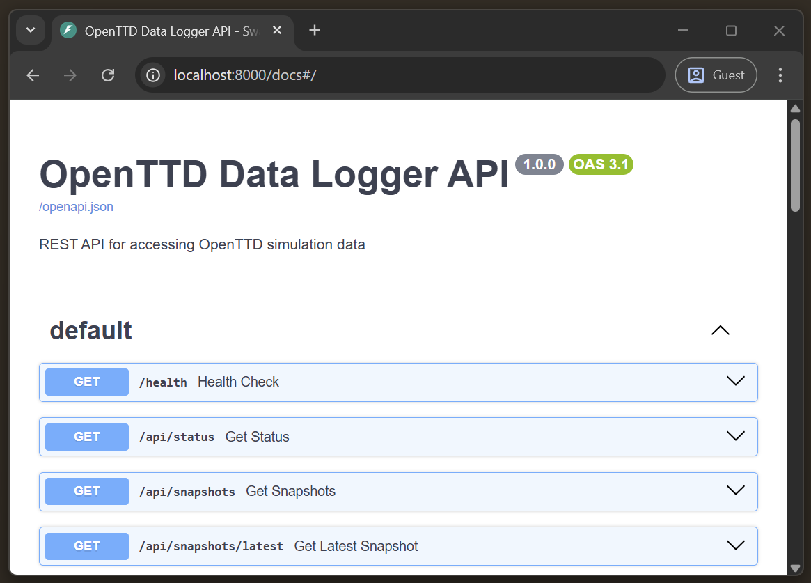 OpenSimData API documentation screenshot